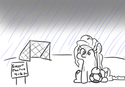 Size: 816x571 | Tagged: safe, artist:jargon scott, pinkie pie, earth pony, pony, ball, black and white, female, football, grayscale, mare, monochrome, rain, simple background, simpsons did it, soccer field, solo, sports, the simpsons, white background