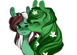 Size: 500x360 | Tagged: safe, artist:waterlillykelpie, oc, oc only, oc:peppermint pattie (unicorn), oc:waterlily, kelpie, pony, unicorn, ask peppermint pattie, female, kissing, mare