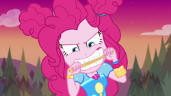 Size: 1920x1080 | Tagged: safe, screencap, pinkie pie, better together, equestria girls, sunset's backstage pass!, churros, food, geode of sugar bombs, magical geodes, solo, teeth