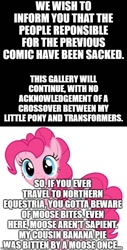 Size: 500x988 | Tagged: artist needed, safe, edit, edited screencap, editor:lord you know who, screencap, pinkie pie, earth pony, moose, pony, apology, comic, monty python, monty python and the holy grail, screencap comic, transformers