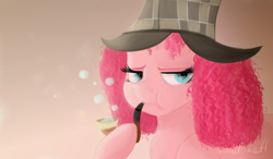 Size: 6000x3500 | Tagged: safe, artist:nyota71, pinkie pie, earth pony, pony, bored, bubble, curly hair, curly mane, pipe, sherlock hat, solo, thinking