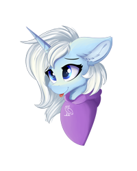 Size: 1024x1280 | Tagged: safe, alternate version, artist:lunar froxy, oc, oc only, oc:eula phi, pony, unicorn, bust, cheek fluff, clothes, ear fluff, female, hoodie, portrait, simple background, smiling, solo, tongue out, transparent background