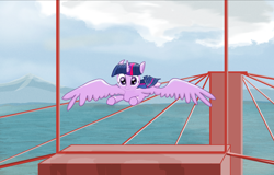 Size: 1676x1073 | Tagged: safe, artist:firefoxd, twilight sparkle, twilight sparkle (alicorn), alicorn, pony, bridge, lake, mountain, solo