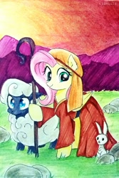 Size: 2322x3467 | Tagged: safe, artist:liaaqila, angel bunny, fluttershy, pegasus, pony, rabbit, sheep, animal, clothes, female, grass, hoof hold, looking at you, mare, raised hoof, robe, rock, shepherd, shepherd's crook, sunset, traditional art