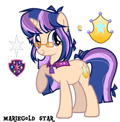 Size: 834x846 | Tagged: safe, artist:sweet-psycho-uwu, derpibooru import, oc, oc only, oc:mariegold star, pony, unicorn, female, glasses, mare, offspring, parent:flash sentry, parent:twilight sparkle, parents:flashlight, solo