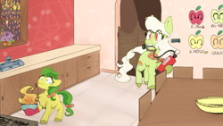 Size: 1280x720 | Tagged: safe, artist:laps-sp, apple fritter, granny smith, earth pony, pony, apple family member, chest fluff, female, filly, fire, fire extinguisher, mouth hold, young granny smith, younger