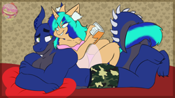 Size: 1920x1080 | Tagged: safe, artist:crazycakesunes, oc, oc:nikopol, oc:remi zemi, anthro, dragon, unicorn, anthro oc, babydoll lingerie, boxers, breasts, clothes, couple, digital art, dragon oc, female, gift art, interspecies, male, mare, prone, smiling, straight, underwear