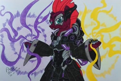 Size: 3155x2102 | Tagged: safe, artist:boyoxhot, tempest shadow, pony, unicorn, broken horn, clothes, cosplay, costume, crossover, female, horn, mare, moira, moira o'deorain, overwatch, solo