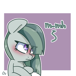 Size: 1500x1500 | Tagged: safe, artist:lou, marble pie, earth pony, pony, blushing, bust, crossed hooves, cute, dialogue, eye clipping through hair, female, marblebetes, mare, solo