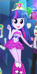 Size: 467x916 | Tagged: safe, artist:charliexe, blueberry cake, nolan north, twilight sparkle, twilight sparkle (alicorn), alicorn, equestria girls, equestria girls (movie), adorasexy, bare shoulders, beautiful, beautisexy, big crown thingy, clothes, crown, cute, dancing, digital art, element of magic, fall formal outfits, female, jewelry, legs, regalia, sexy, sleeveless, smiling, solo focus, strapless, thighs, tiara, twiabetes, unf