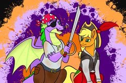 Size: 2387x1588 | Tagged: safe, artist:bellbell123, applejack, spike, dragon, earth pony, pony, applespike, clothes, costume, cute, eyepatch, female, halloween, halloween costume, holiday, male, older, older spike, pirate, pirate costume, shipping, straight, sword, weapon, winged spike