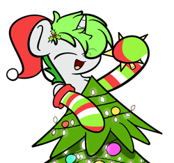 Size: 1640x1536 | Tagged: safe, artist:kimjoman, part of a set, oc, oc only, oc:starshine glow, pony, unicorn, christmas, christmas lights, christmas tree, clothes, cute, eye clipping through hair, eyes closed, hat, holiday, holly, holly mistaken for mistletoe, hoof hold, male, open mouth, santa hat, simple background, smiling, socks, solo, stallion, stars, striped socks, transparent background, tree, ych result