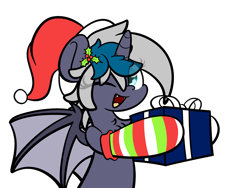 Size: 2048x1536 | Tagged: safe, artist:kimjoman, part of a set, oc, oc only, oc:elizabat stormfeather, alicorn, bat pony, bat pony alicorn, pony, alicorn oc, bat pony oc, box, chest fluff, christmas, christmas presents, clothes, cute, eye clipping through hair, fangs, female, hat, holiday, holly, holly mistaken for mistletoe, hoof hold, mare, one eye closed, open mouth, present, santa hat, simple background, smiling, socks, solo, striped socks, transparent background, wink, ych result