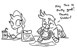 Size: 913x603 | Tagged: safe, artist:jargon scott, gallus, ocellus, changedling, changeling, griffon, burger, dialogue, female, food, gallabuse, imminent feminization, implied smolder, impossible burger, male, monochrome, simple background, this will end just fine, this will not end well, white background