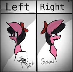 Size: 828x825 | Tagged: safe, artist:kittycatrittycat, oc, oc only, oc:kittycatrittycat, pegasus, bow, bust, good, left, oh god damn it no, portrait, right, right hand and left hand challenge, solo, yuck