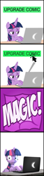 Size: 2000x8000 | Tagged: safe, artist:mrkat7214, twilight sparkle, twilight sparkle (alicorn), alicorn, pony, comic:twilight vs. computer, 2d, 3d, art shift, comic, computer, cursor, laptop computer, magic, sfm pony, shocked, solo, source filmmaker, upgrade