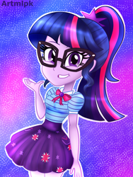 Size: 1800x2400 | Tagged: safe, artist:artmlpk, sci-twi, twilight sparkle, equestria girls, equestria girls series, adorable face, adorkable, clothes, cute, digital art, dork, female, geode of telekinesis, glasses, grin, looking at you, magical geodes, miniskirt, outfit, ponytail, skirt, smiley face, smiling, smiling at you, solo, twiabetes