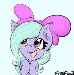 Size: 1250x1258 | Tagged: safe, artist:freefraq, flitter, pegasus, pony, blue background, blushing, bow, cheek fluff, cute, ear fluff, flitterbetes, hair bow, hooves to the chest, simple background, solo
