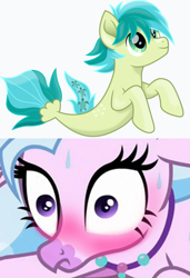 Size: 791x1155 | Tagged: safe, artist:cloudyglow, edit, edited screencap, screencap, sandbar, silverstream, classical hippogriff, hippogriff, seapony (g4), uprooted, blushing, blushing profusely, close-up, cute, female, implied sandstream, implied shipping, implied straight, jewelry, looking up, male, movie accurate, necklace, nervous, reaction, sandabetes, sandstream, seaponified, seapony sandbar, shipping, simple background, smiling, species swap, stare, straight, sweat, teenager, uh oh, unf, wide eyes