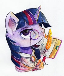 Size: 1024x1216 | Tagged: safe, artist:lailyren, artist:moonlight-ki, twilight sparkle, pony, book, brooch, female, mare, mixed media, monocle, quill, shawl, simple background, solo, sticker, teacher, traditional art, white background