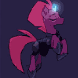 Size: 588x585 | Tagged: safe, artist:rollingrabbit, edit, editor:undeadponysoldier, tempest shadow, pony, unicorn, beautiful, broken horn, eyes closed, female, glowing horn, horn, majestic, mare, pixel art, solo