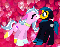 Size: 812x634 | Tagged: safe, artist:justwestofweird, artist:splashiesarts, pony, abstract background, base used, female, kissing, lego, male, master frown, ponified, shipping, straight, the lego movie, unikitty, unikitty! (tv series)