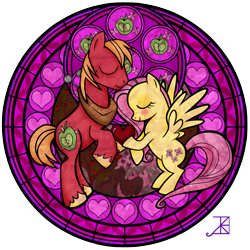 Size: 1600x1600 | Tagged: safe, artist:akili-amethyst, big macintosh, fluttershy, butterfly, pegasus, pony, apple, blushing, dive to the heart, eyes closed, female, fluttermac, food, half apple, heart, heart shaped, kingdom hearts, male, shipping, simple background, stained glass, straight, sweet apple acres, transparent background