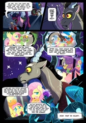 Size: 1024x1463 | Tagged: safe, artist:loryska, idw, applejack, cosmos (character), discord, fluttershy, tree hugger, oc, oc:larkspur, earth pony, hybrid, pegasus, pony, comic:moon landing, spoiler:comic, bitch, comic, immortality blues, interspecies offspring, offspring, parent:discord, parent:fluttershy, parents:discoshy