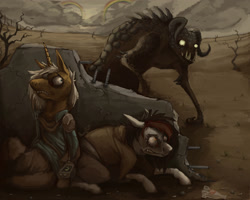 Size: 2500x2000 | Tagged: safe, artist:baccizoof, artist:vosaznosa, oc, oc only, earth pony, pony, unicorn, fallout equestria, apocalypse, clothes, dead tree, deathclaw, dystopia, fallout, fanfic, fanfic art, hiding, hooves, horn, nukacola, pipbuck, rainbow, tree, vault suit