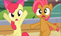 Size: 1576x939 | Tagged: safe, screencap, apple bloom, babs seed, earth pony, pony, apple family reunion, bow, cousins, cropped, duo, female, filly, hair bow, hooves in air, open mouth, shocked, sitting, wide eyes