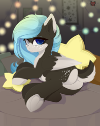 Size: 3000x3800 | Tagged: safe, alternate version, artist:xsatanielx, oc, oc only, pegasus, pony, bed, commission, female, heterochromia, lights, mare, pale belly, pillow, plot, rcf community, solo, stars