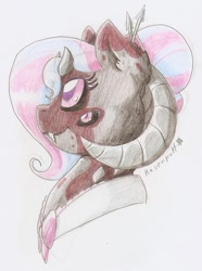 Size: 838x1125 | Tagged: safe, artist:ravenpuff, oc, oc:witchcraft, demon, demon pony, original species, pony, bust, fangs, female, four eyes, horns, mare, multiple eyes, portrait, profile, solo, traditional art
