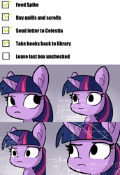 Size: 1120x1624 | Tagged: safe, artist:tjpones, edit, editor:fluttershyisnot adoormat, twilight sparkle, twilight sparkle (alicorn), alicorn, pony, checklist, confused, does not compute, existential crisis, female, logic bomb, mare, math, math lady meme, meme, ocd, paradox, solo, text