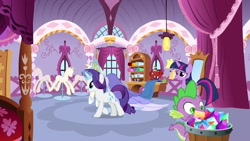 Size: 1920x1080 | Tagged: safe, screencap, rarity, spike, twilight sparkle, twilight sparkle (alicorn), alicorn, dragon, pony, unicorn, the last problem, gem, magic, mannequin, second coronation dress, winged spike