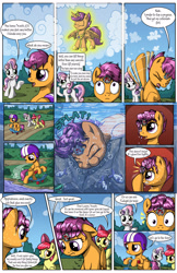 Size: 2030x3130 | Tagged: safe, artist:sirzi, derpibooru import, apple bloom, scootaloo, sweetie belle, alicorn, earth pony, fish, frog, pegasus, pony, unicorn, comic:talisman for a pony, alicornified, bow, cloud, comic, eyes closed, female, filly, floppy ears, grass, hair bow, helmet, imagine spot, jackie chan adventures, jewelry, open mouth, race swap, regalia, scooter, sky, smiling, speech bubble, talisman, trio, water, wet, wet mane