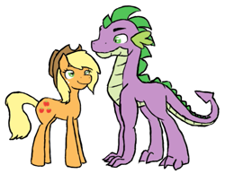 Size: 553x430 | Tagged: safe, artist:miesdo, applejack, spike, dragon, earth pony, pony, alternate hairstyle, applespike, female, loose hair, male, mare, older, older spike, shipping, straight