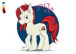 Size: 1000x707 | Tagged: safe, artist:shyinka, oc, oc:spicy tea, pony, unicorn, blue eyes, cake, color palette, color scheme, colored, design, design a pony, eyebrow piercing, flat colors, food, original character do not steal, piercing, red mane, red velvet cake, sketch, sketchy, spicy tea, standing