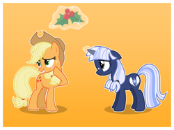 Size: 6000x4469 | Tagged: safe, artist:estories, applejack, oc, oc:silverlay, earth pony, pony, unicorn, absurd resolution, canon x oc, female, gradient background, holly, holly mistaken for mistletoe, lesbian, magic, mare, shipping, silverjack