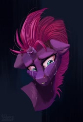 Size: 1280x1882 | Tagged: safe, artist:teaflower300, tempest shadow, pony, unicorn, bloodshot eyes, broken horn, bust, crying, dark background, female, horn, mare, portrait, solo