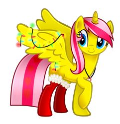 Size: 2091x2169 | Tagged: safe, artist:cindydreamlight, oc, oc:angel fox, alicorn, pony, alicorn oc, christmas, christmas lights, clothes, female, holiday, mare, simple background, socks, solo, transparent background