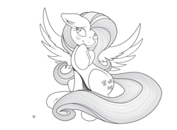 Size: 7139x5215 | Tagged: safe, artist:joey darkmeat, artist:midwestbrony, fluttershy, pegasus, pony, blushing, female, floppy ears, mare, monochrome, raised hoof, simple background, sitting, solo, vector, white background