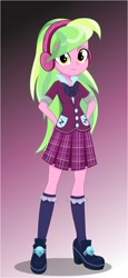 Size: 1920x4157 | Tagged: safe, artist:diilaycc, lemon zest, equestria girls, bowtie, clothes, crystal prep academy uniform, cute, female, gradient background, hand on hip, headphones, high heels, kneesocks, looking at you, plaid skirt, pleated skirt, school uniform, shoes, skirt, smiling, socks, solo, zestabetes