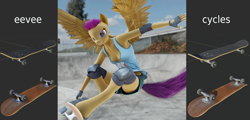 Size: 3735x1800 | Tagged: safe, artist:stellarator, scootaloo, anthro, pegasus, unguligrade anthro, 3d, action pose, armpits, asset release, blender, bokeh, breasts, cleavage, clothes, cutie mark clothes, cutie mark on clothes, cycles, cycling gloves, dutch angle, elbow pads, female, fingerless gloves, gloves, knee pads, mare, model download, not sfm, older, older scootaloo, rainbow dash's cutie mark, shorts, skate park, skateboard, skateboarding, skaterloo, solo, tanktop