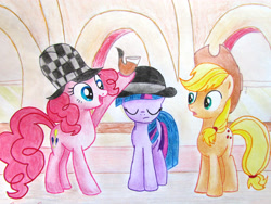 Size: 4320x3240 | Tagged: safe, artist:0okami-0ni, applejack, pinkie pie, twilight sparkle, earth pony, pony, mmmystery on the friendship express, bowler hat, bubble pipe, hat, pipe, sherlock hat, traditional art