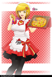 Size: 839x1235 | Tagged: safe, artist:clouddg, oc, oc:citrine, human, equestria girls, apron, clothes, dress, female, food, meat, open mouth, pepper, pepperoni, pepperoni pizza, pizza, pizza box, signature, solo