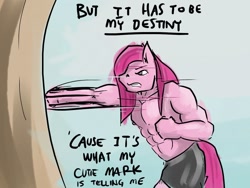 Size: 1024x768 | Tagged: safe, artist:arrwulf, bubble berry, bubblini davinci berry, pinkie pie, anthro, earth pony, magical mystery cure, abs, clothes, male, muscles, muscular male, partial nudity, pinkamena diane pie, pinkamena diane pump, pinkie pump, punch, rule 63, shorts, solo, speech, topless, tree