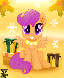 Size: 2400x2945 | Tagged: safe, artist:theretroart88, scootaloo, pegasus, pony, chest fluff, christmas, clothes, cute, cutealoo, holiday, looking at you, present, scarf, snow, snowflake, solo, squee, theretroart88 is trying to murder us