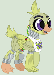 Size: 314x438 | Tagged: safe, artist:selenaede, artist:unoriginai, pony, base used, chica, crossover, five nights at freddy's, green background, ponified, simple background