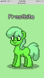 Size: 750x1334 | Tagged: safe, oc, oc only, oc:frostbite the slime pony, goo pony, original species, pony, cute, female, gelatin pony, green background, green eyes, mare, pixel art, pony town, simple background, solo, standing