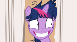 Size: 4391x2429 | Tagged: safe, artist:anonymouspotato, derpibooru exclusive, twilight sparkle, pony, awkward, crazy face, creepy, creepy smile, faic, here's johnny, jack nicholson, movie reference, smiling, solo, the shining, twilight snapple